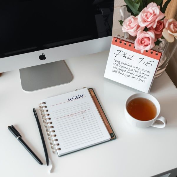 Desk with Mac, tea, flowers and a journal with 12/12/25 and Phil 1:6